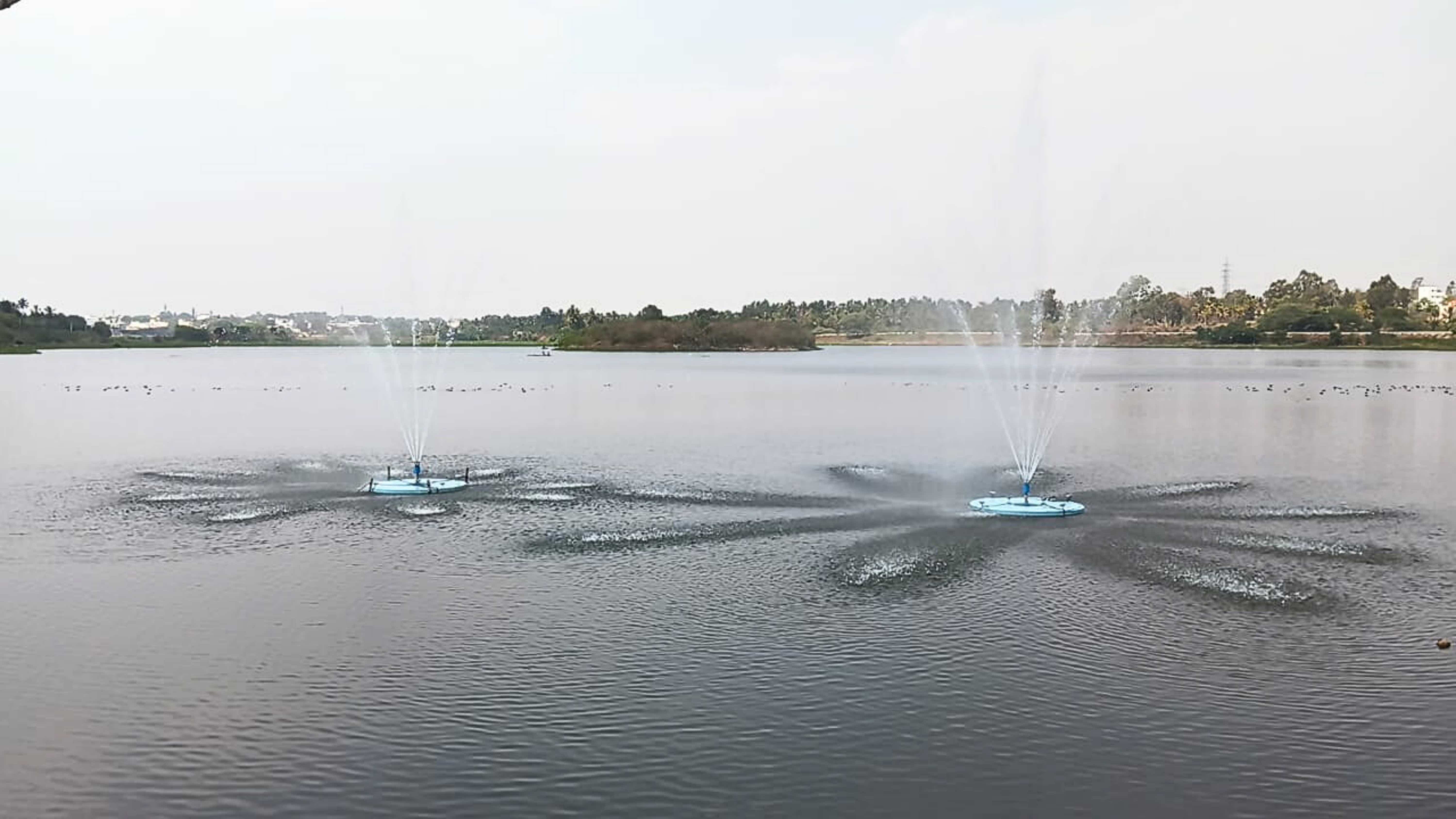 Solar-powered floating fountains installed at Nagarakere to aerate water, provide oxygen to aquatic life, prevent excessive bacteria growth, and contribute to a healthy wetland ecosystem.